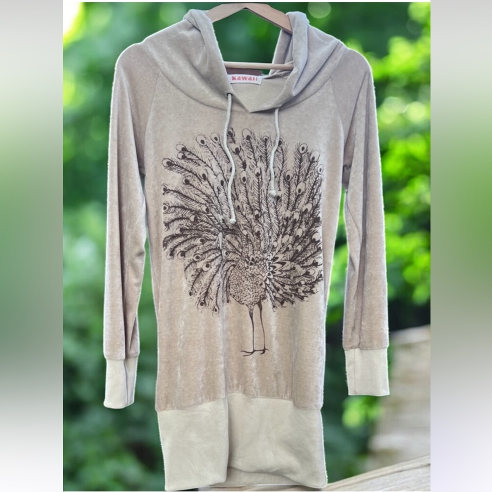 Kawaii Beige Peacock Sweatshirt Hoodie Dress Vintage